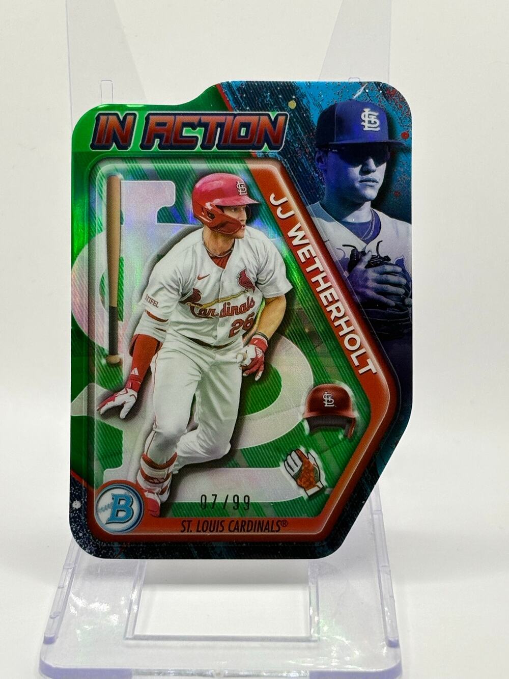2025 Bowman Draft JJ Wetherholt Chrome In Action Green Die Cut 7/99 SP Cardinals